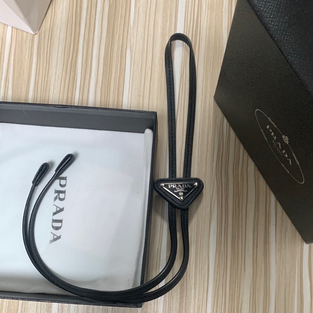 Prada Black Saffiano Leather Triangle Logo Ties Unisex